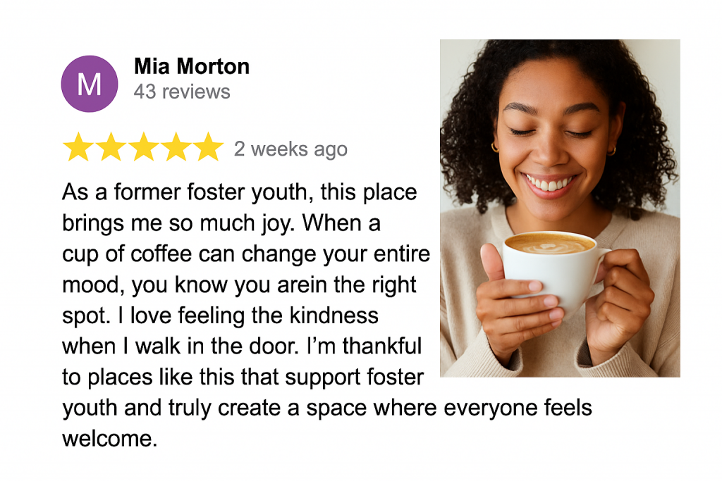Screenshot of a heartfelt Google Review with five stars + photo of someone smiling with a latte.