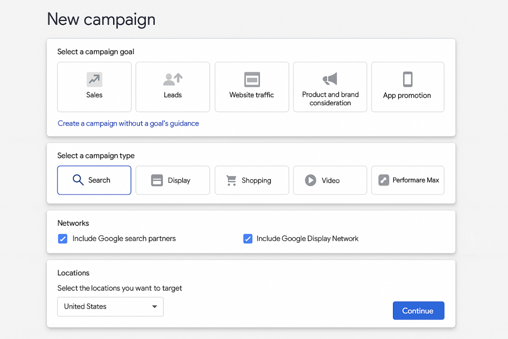 Screenshot of the Google Ads new campaign setup screen