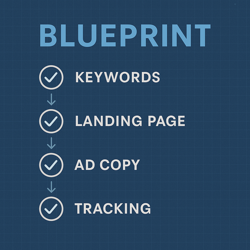 A “blueprint” style graphic with checkmarks Keywords → Landing Page → Ad Copy → Tracking → Clients.