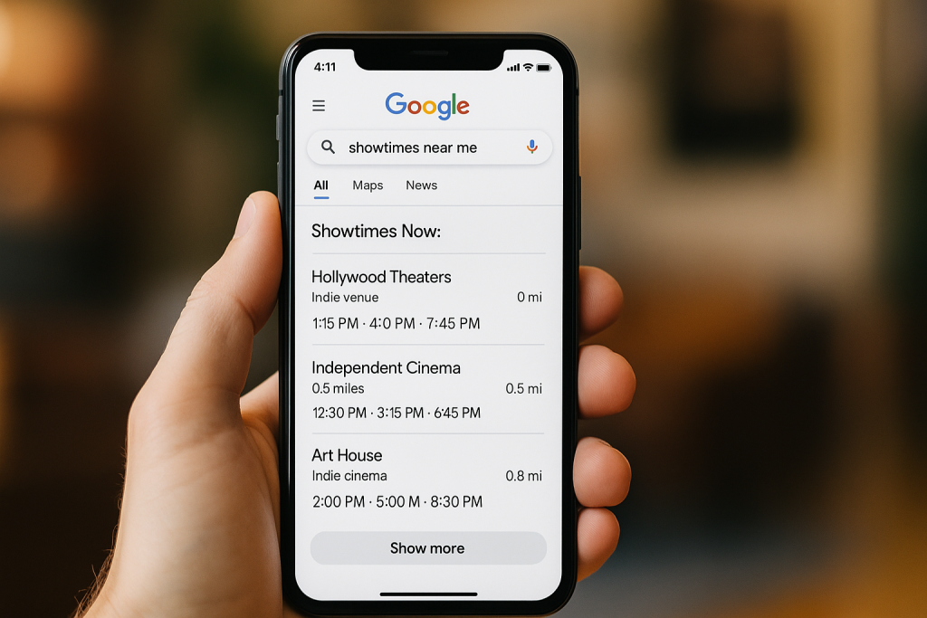 A mobile phone showing “showtimes near me” search results.