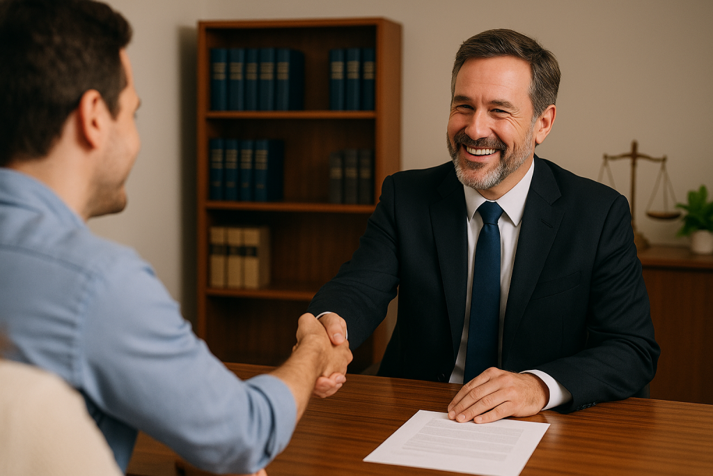 A smiling attorney shaking hands with two new clients in a professional office — warm, welcoming vibe.