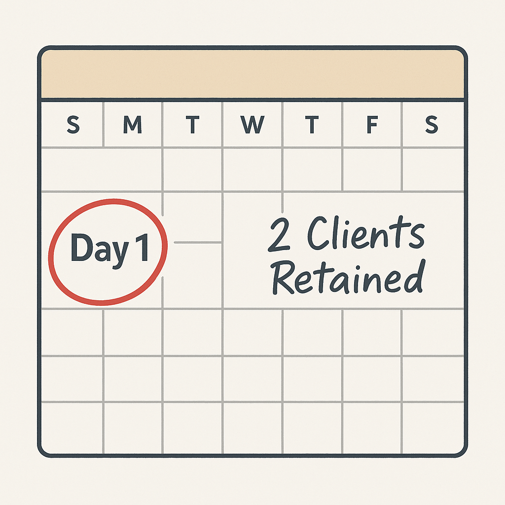 Calendar graphic showing “Day 1” circled with the words “2 Clients Retained” handwritten next to it.