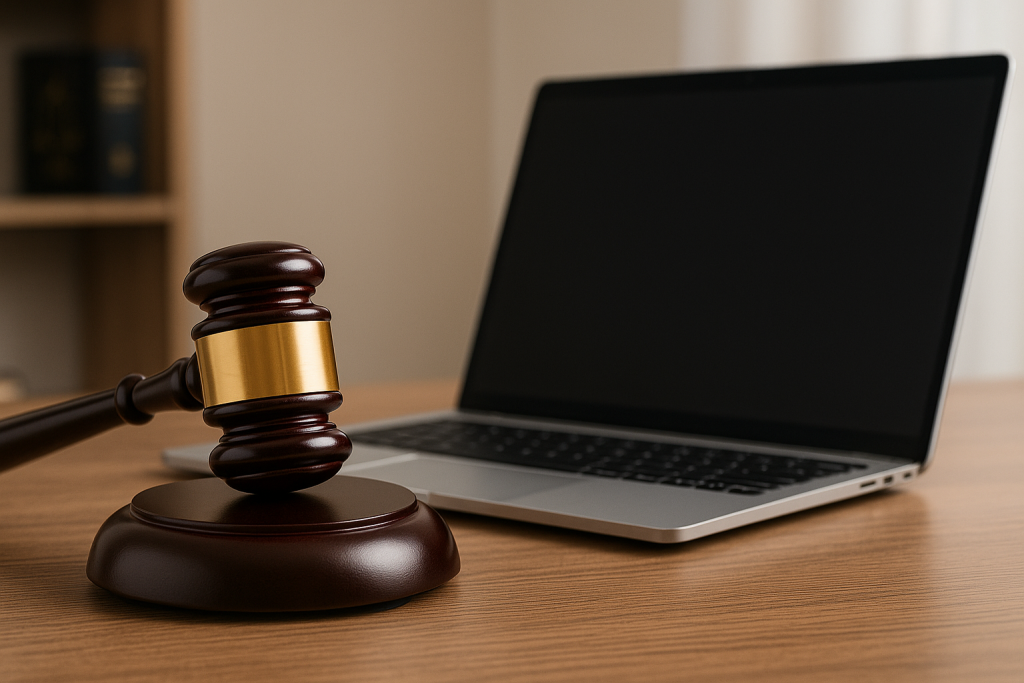 Gavel + laptop on desk, representing the blend of law and digital marketing.
