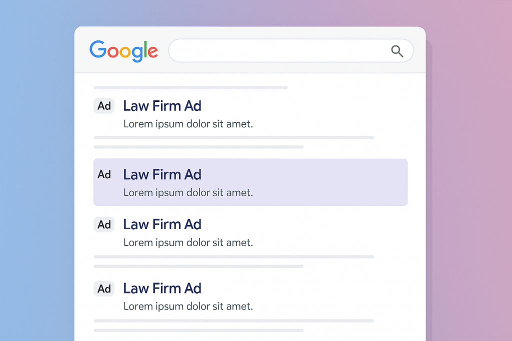 Illustration of “competition” — multiple law firm ads stacked in Google search results with one highlighted at the top.