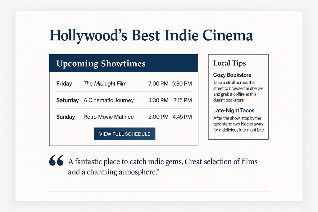Mockup of a landing page with embedded showtimes and local tips sidebar.