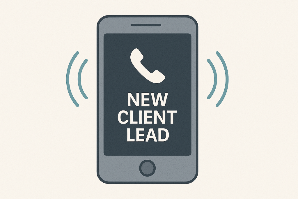 Phone ringing with “New Client Lead” appearing on screen — showing instant impact.
