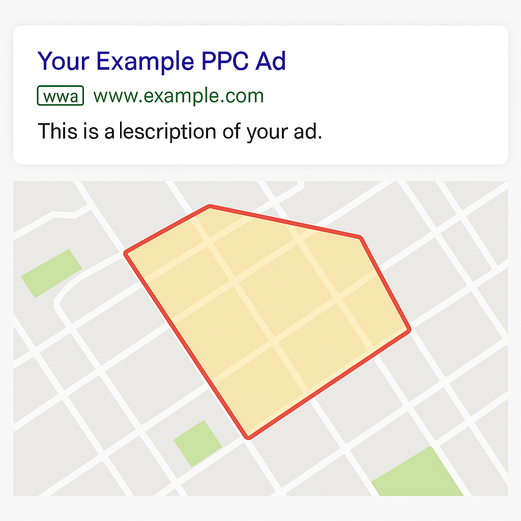 Sample PPC ad preview with geo-fence highlighted on a map.