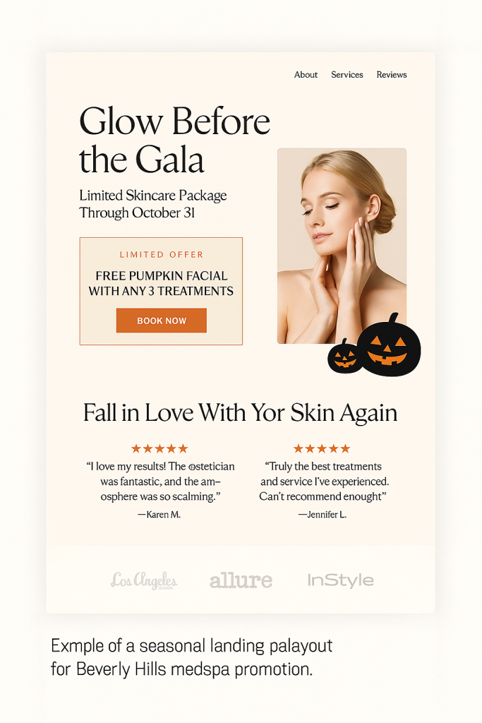 Example of a seasonal landing page layout for a Beverly Hills medspa promotion.