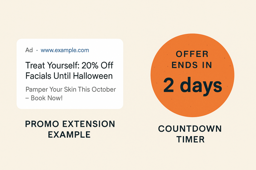 Google Ads examples showing a Halloween promotion extension and countdown timer ad for a Beverly Hills campaign, highlighting time-sensitive offers and luxury seasonal marketing visuals