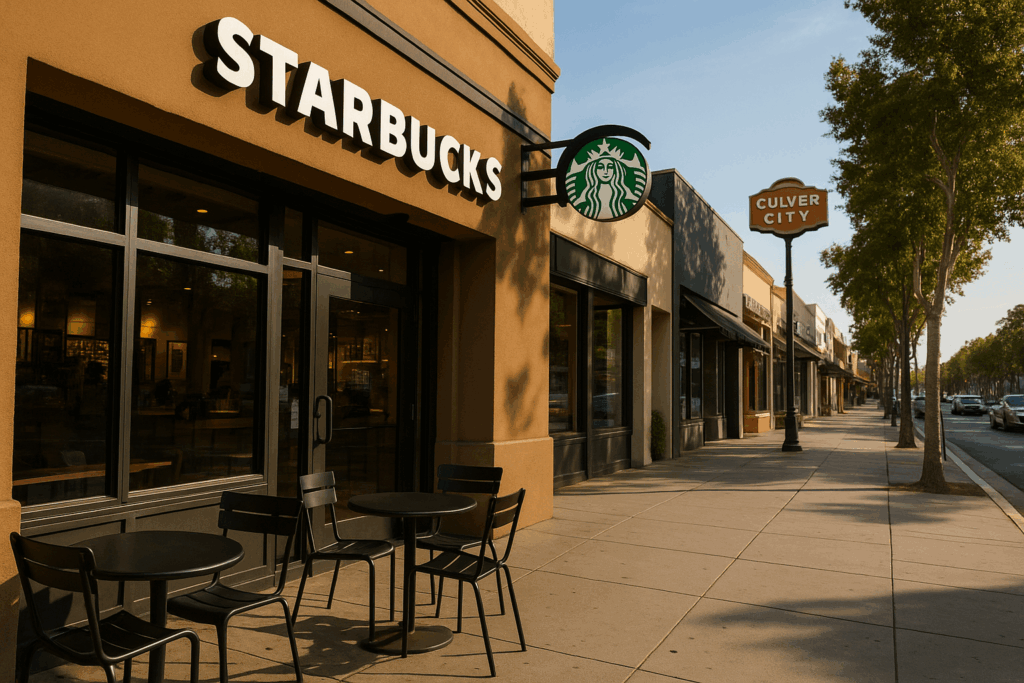 Starbucks storefront in Culver City on a quiet Sunday morning, showing empty outdoor seating and a calm neighborhood atmosphere.