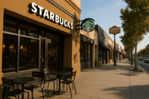 Starbucks storefront in Culver City on a quiet Sunday morning, showing empty outdoor seating and a calm neighborhood atmosphere.