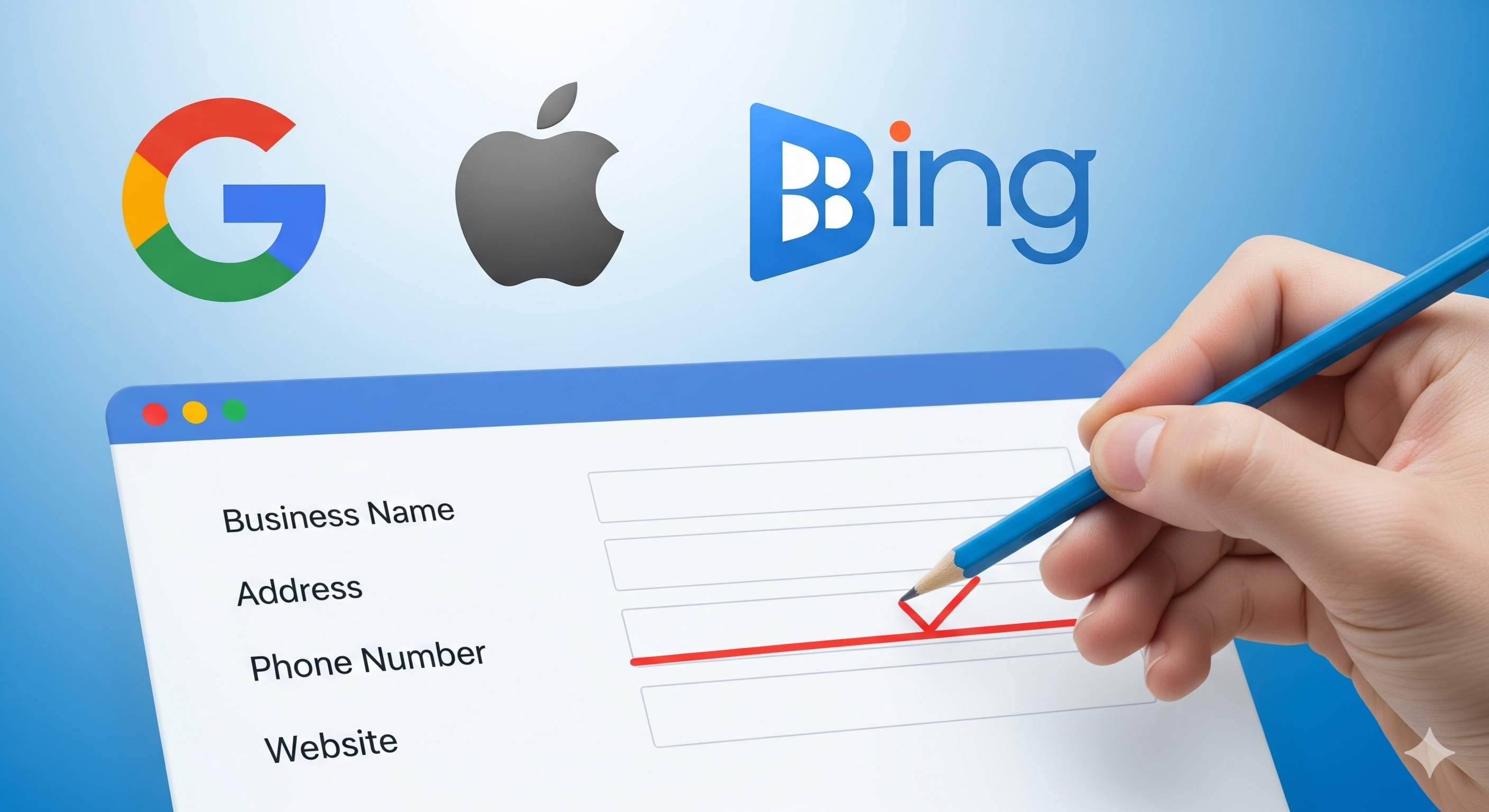 Step 2 illustration: Google, Apple and Bing profile corrections